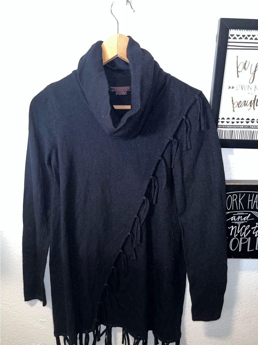 Cowl Neck Fringe Sweater - Black
